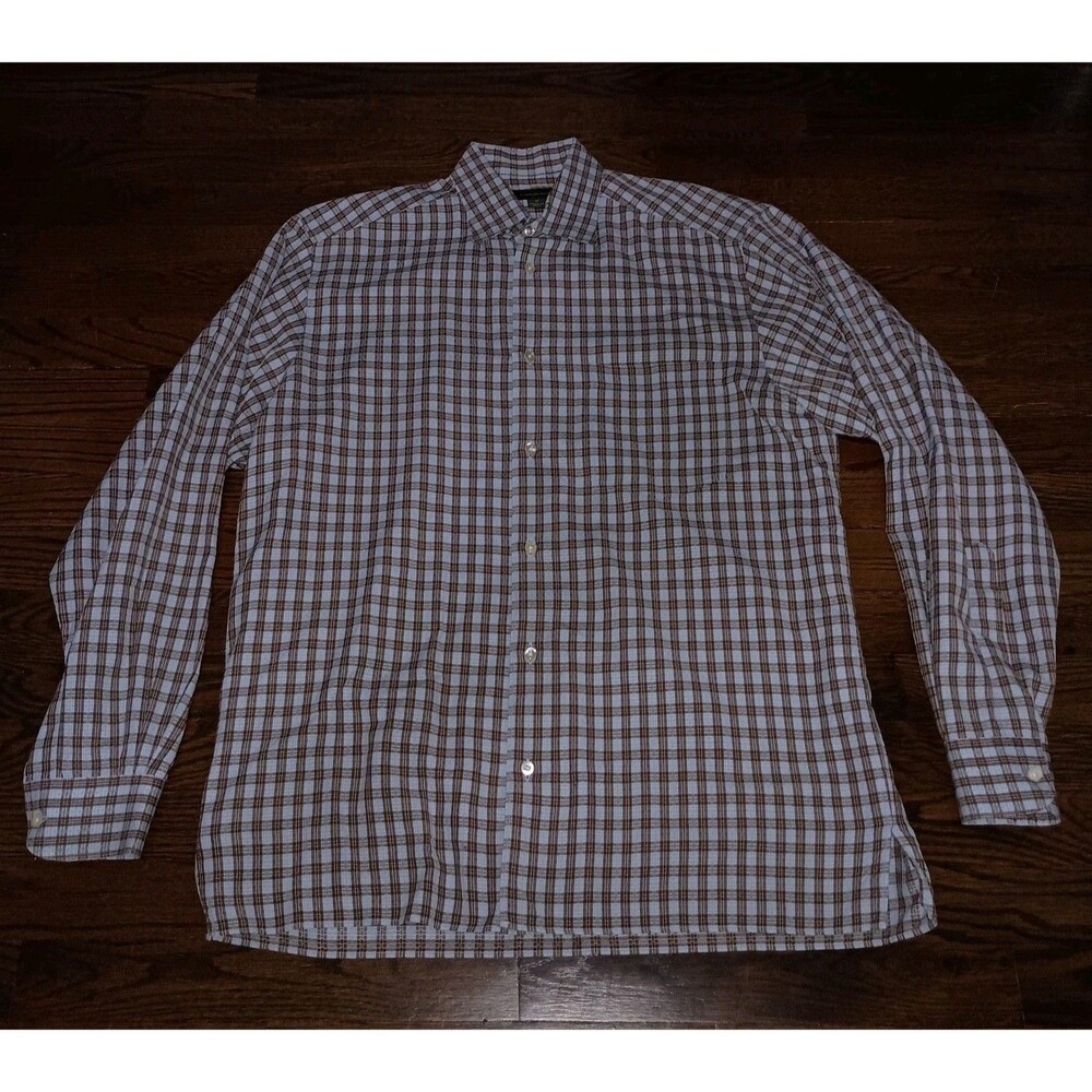 Ermenegildo Zegna Dress Shirt Mens Medium Blue Brown Plaid Button Front